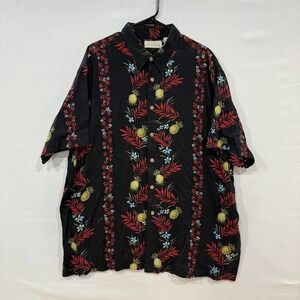 VTG Falls Creek‎ Hawaiian Shirt Men 2XL Black Pineapple Floral Rayon Button Up